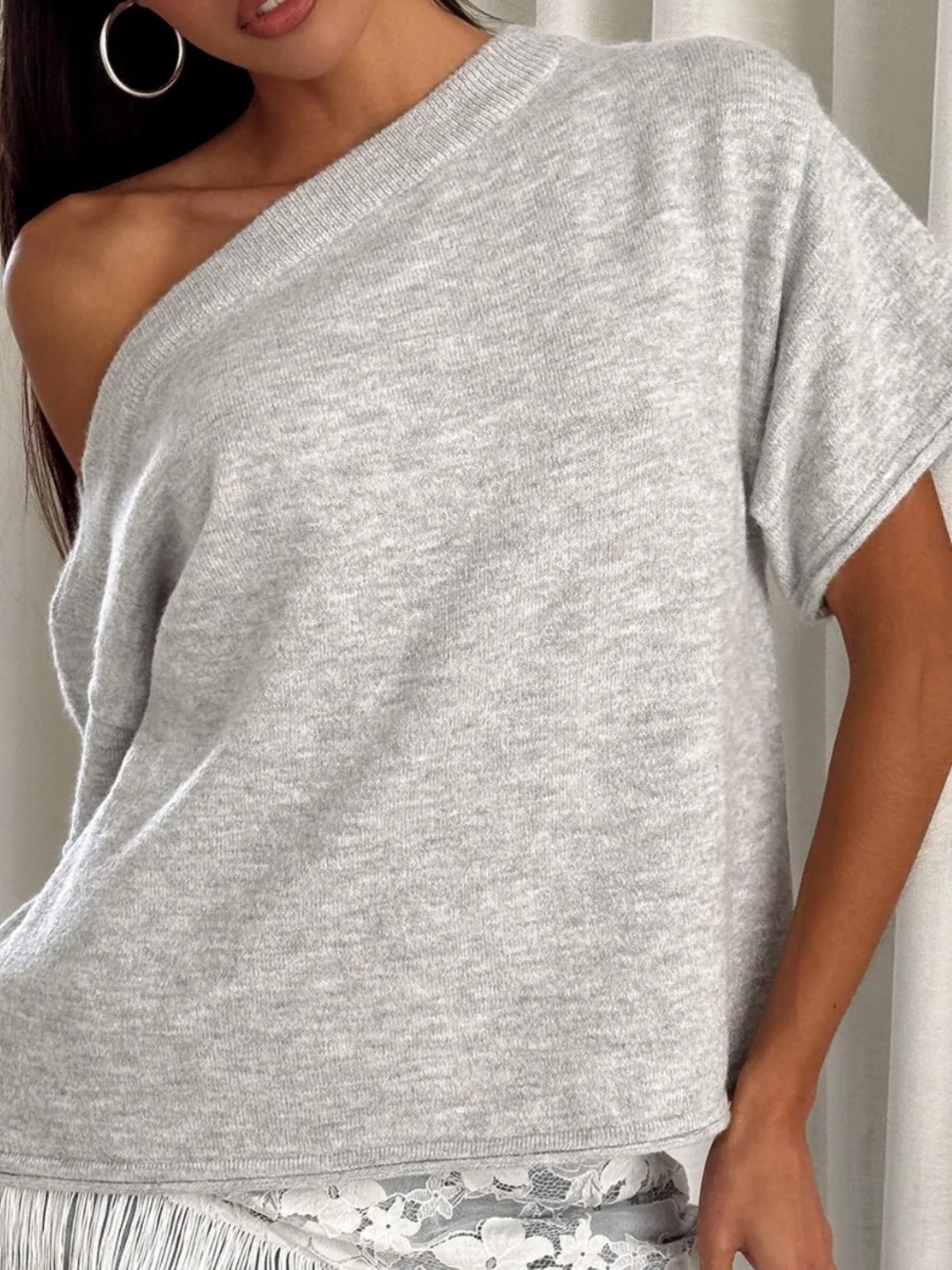 Princess Polly Court Off Shoulder Oversized Knit Top Grey Marle | 4